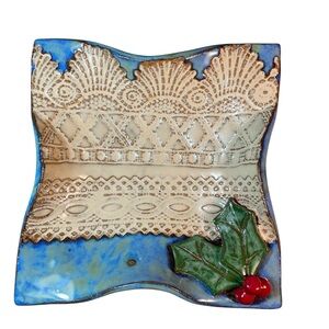 Studio Art Pottery Handcrafted Ceramic Lace and Holly Dish